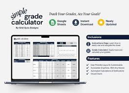 "Simple grade calculator displayed on a laptop screen with features like Google Sheets integration, instant download, and updated tools for tracking grades."